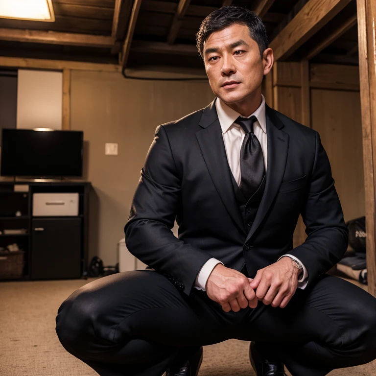 40 years old,Hidetoshi Nakata,(Kogoro Mori 1.3),whole body,Lean,muscle,office,black,foot,Suit,foot抬起,sofa,Baldhead ,transparent,Thick body hair,underwear,Topless,Densely hairy,Fortitude,HD,With a mustache