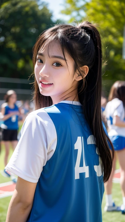 Beautiful woman with long hair wearing real Inter Milano shirt、Soccer Field