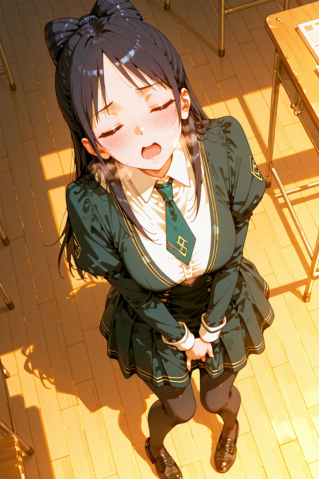 (masterpiece,best quality,very aesthetic),(ultra-detailed),nsfw,(atlach-nacha,degenerate),1girl,20yo,Statuesque,curvy,tall,long hair, black hair,straight hair,(blunt bangs),beautiful red eyes,clenching teeth,sentimental,rage,Abdominal injury,look down on with disdain,black serafuku in winter,long sleeves,(long skirt),white ribbon tie,torn clothes,(Green blood coming from side,Green blood coming from shoulder),painful,heavy breathing,holding own chest with right arm,classroom,standing,on one knee,leaning forward,dusk sky,leather shoes,The setting sun is shining in the classroom,debris,solo,looking down,cowboy shot