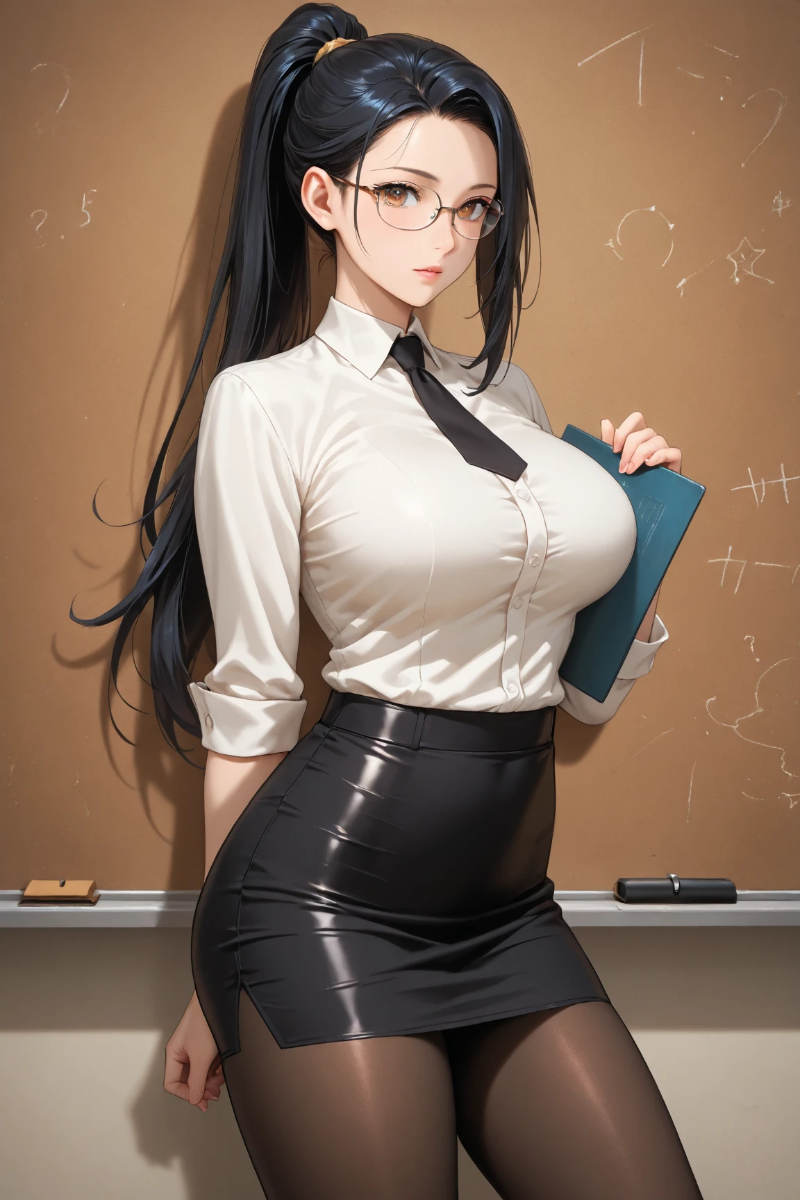 #Basics Girl posing for a photo, animeのcute少女, ((One Girl)), ((Baby Face:1.5)), ((cute:1.5)), (()),
break
#Clothing Accessories
((Black jacket) + (White dress shirt) + (shiny black pencil skirt) + (Black Pantyhose) + (Glossy black high heels) + (Black intellectual glasses)),
((Blue gemstone earrings)), (Silver Necklace),
break
#Features
((Black Hair:1.2)), ((blunt bangs:1.2)), ((Straight Long Hair) : Straight hair),
((Big eyes:1.4)), ((blue eyes)),
(Small breasts),
(White skin),
break
#background environment
((noon, A brightly lit school classroom, blue sky)),
#Facial Expression Pose
((Grim expression) + (Disgust)), ((Confident、Powerful、Standing intimidatingly)),
#composition
((Angle from the front)), ((Cowboy Shot)),
break
#Body parts elements
(Slim figure),
(Symmetrical facial features),
(Detailed Hair, Beautiful Hair, Shiny Hair),
(double eyelid, Long eyelashes, Thin eyebrows:0.5),
(Detailed eyes), (Beautiful Eyes), (Sparkling eyes), Glitter Eyeliner,
(Human Ear),
(Beautiful Nose, Thin Nose),
(Glossy Lips, Beautiful Lips, Thick lips),
(Detailed skin, Textured skin, Beautiful Skin, Oily skin),
break
#quality
(((最高quality)), ((masterpiece:1.3)), ((Very detailed))), ((Ultra-high resolution)), ((16K)), ((1080P)), ((Full HD)),
((Anatomically correct)), ((Realistic)), (3DCG), ((oil)),
((comics, anime)), (CG illustration), (RAW Photos),