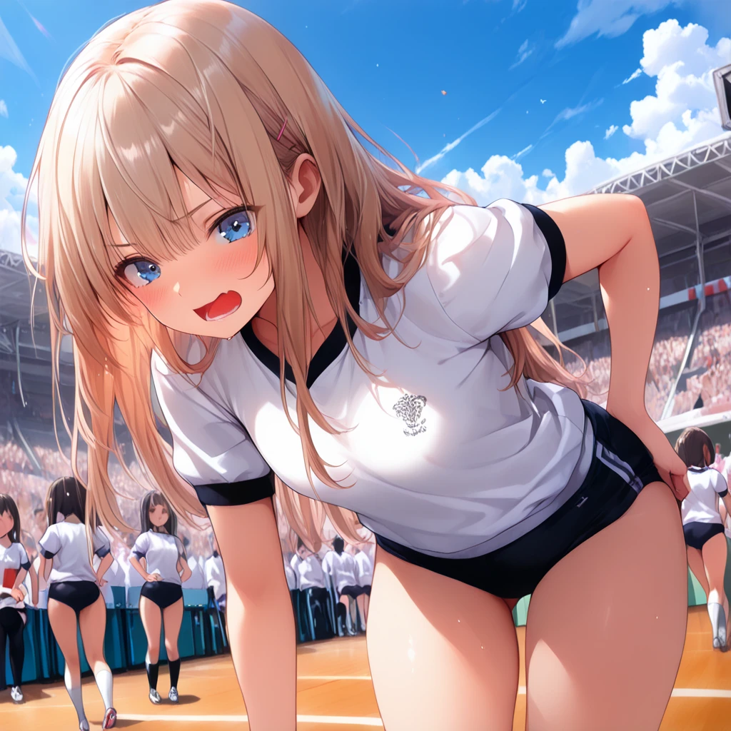 (masutepiece:1.5)、(top-quality:1.5)、(16k wallpaper:1.2)、(Photorealsitic:1.2)、(ultra-detailliert:1.2)、(超A high resolution:1.2)、(Highly detailed and realistic skin:1.2)、(Very detailed and clean sharp eyes:1.2)、(white short sleeve sportswear:1.6)、(Surrounded by many men and having intense sex:1.5)、(On the school grass playground:1.2)、Beautiful sunshine、blue-sky、(Naked woman with slender figure:1.3)、(Beautiful 18 year old woman:1.2)、(sodden:1.3)、Beautiful eyeliner、eyeshadows、Natural Color Lip、(long blonde wavy hair covering one eye:1.2)、(Ahegao:1.3)、(orgasm:1.3)、(Screaming)、the chest is medium、(Crowd of men:1.3)、(Overflowing sperm:1.2)、