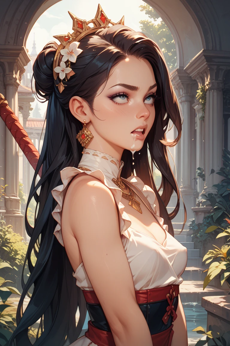 portrait, close-up,, <lora:miloyuellev2:0.7> miloyuelle, 1girl, solo, long hair, jewelry, dark skin, dark-skinned female, earrings, bracelet, lips, revealing clothes, medium breasts, bare shoulders, hair over one eye, o-ring, hairband, wavy hair, parted lips, navel, cleavage, underboob, choker, hair ornament, ponytail, eyelashes, makeup,