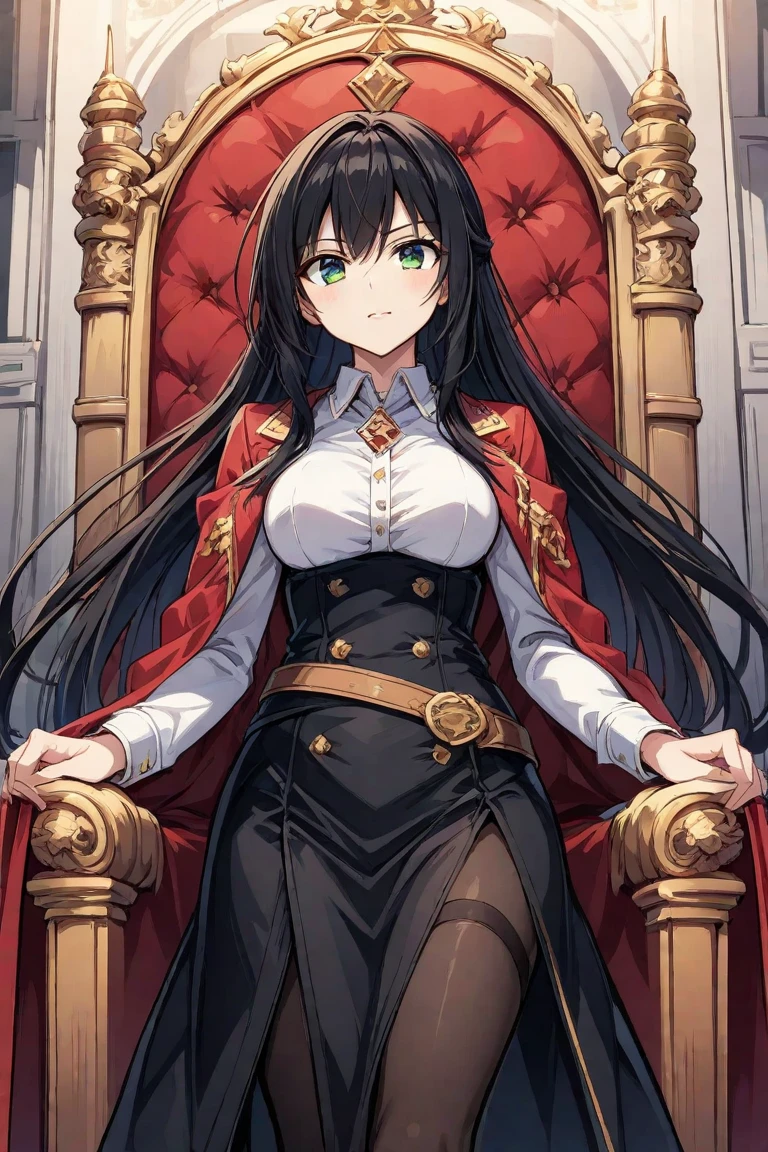 (highest quality:1.2, Very detailed, Latest, Vibrant, Ultra-high resolution, High Contrast, masterpiece:1.2, highest quality, Best aesthetics), 1 Female, Woman in military uniform, White , Knee-high boots, Detailed equipment, Equipment attached to a belt, Extremely high quality weapon representation,, Glare, Long black hair, Flowing Hair, Shout, Intimidation, ambition, Sit in a luxurious chair, Sky curtain, Very delicate ornament, Red interior, Tapestry hanging on the wall, The light shines through, Dark Color Palette
