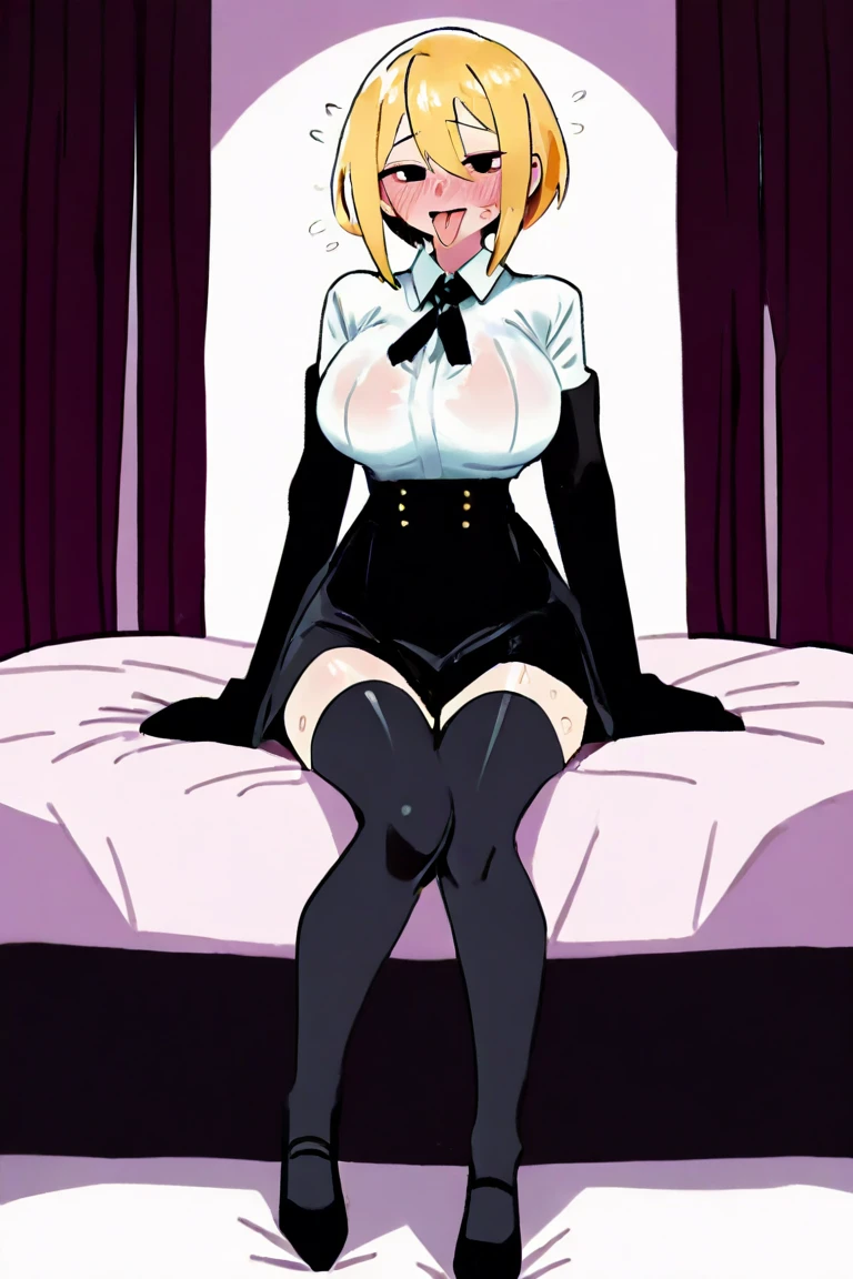 (Super Pochaco), Beautiful thick milf with huge breasts, pudgy, chubby, thick thighs, blonde hair, orange eyes, (thick), gothic makeup, goth, black eye liner, black lipstick, silk outfit, upskirt, red velvet panties, cameltoe, vampire