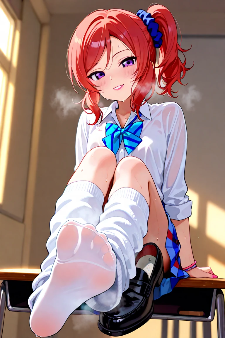 Maki Nishikino、lovelive 、Shared Indirect Write、girl wearing a miniskirt, Sit with your legs wide apart、Looking down at the viewer, Plump thighs, Highest quality, Focus on the thighs, Spread your legs wide, smile, blazer, blouse, Indigo panties、Black knee socks, classroom,Sweaty crotch、Sweaty knee socks、Please show me the soles of your feet、Steamy soles of the feet