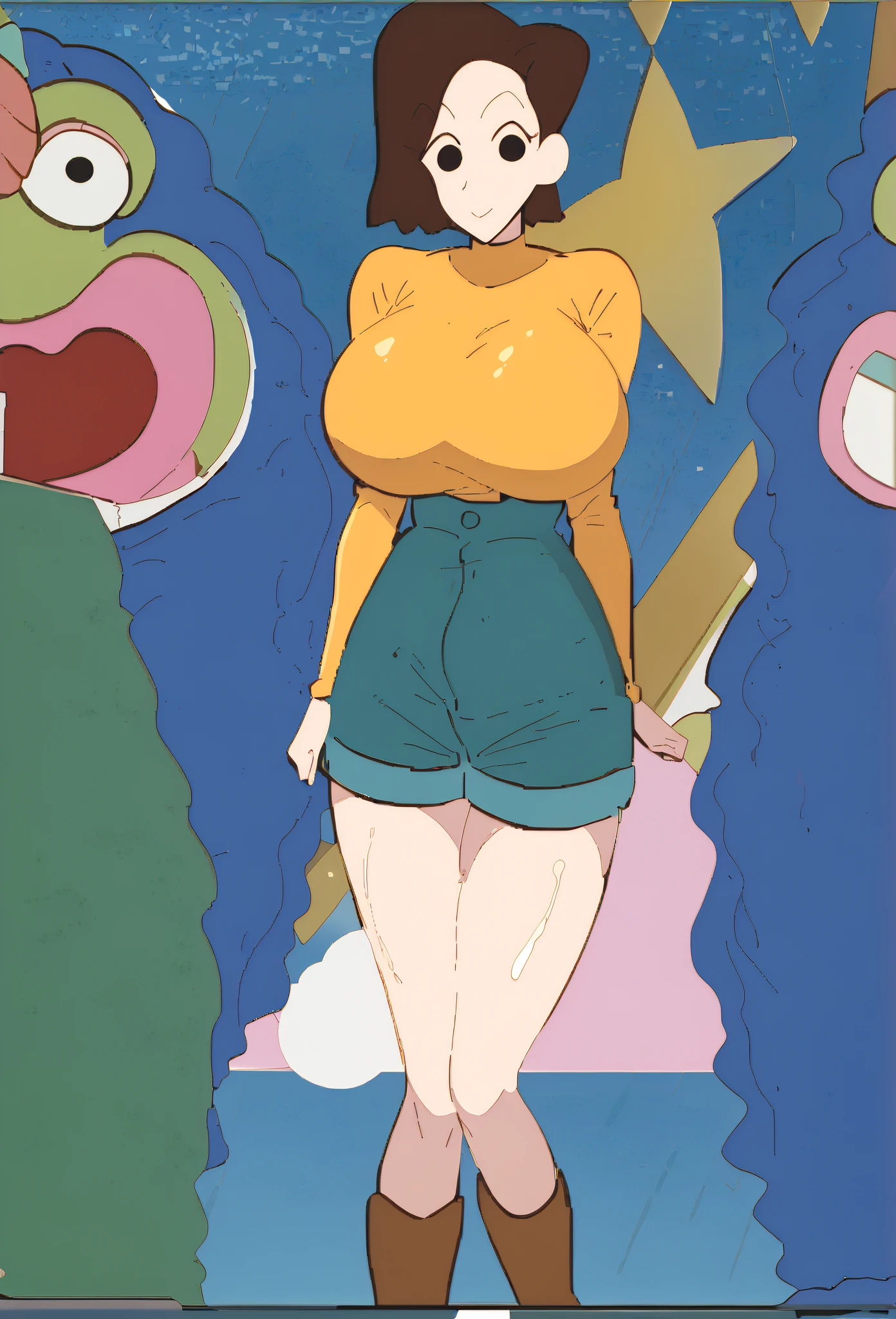 reference sheet, dora, from dora the explorer wearing no clothes,naked, mega huge breasts, voluminous breasts, curvy long breasts, standing with hands on hip, full height, bottom view, best quality, very detailed, ultra 8k resolution,huge breast, huge_Breasts:2.8 anima girl