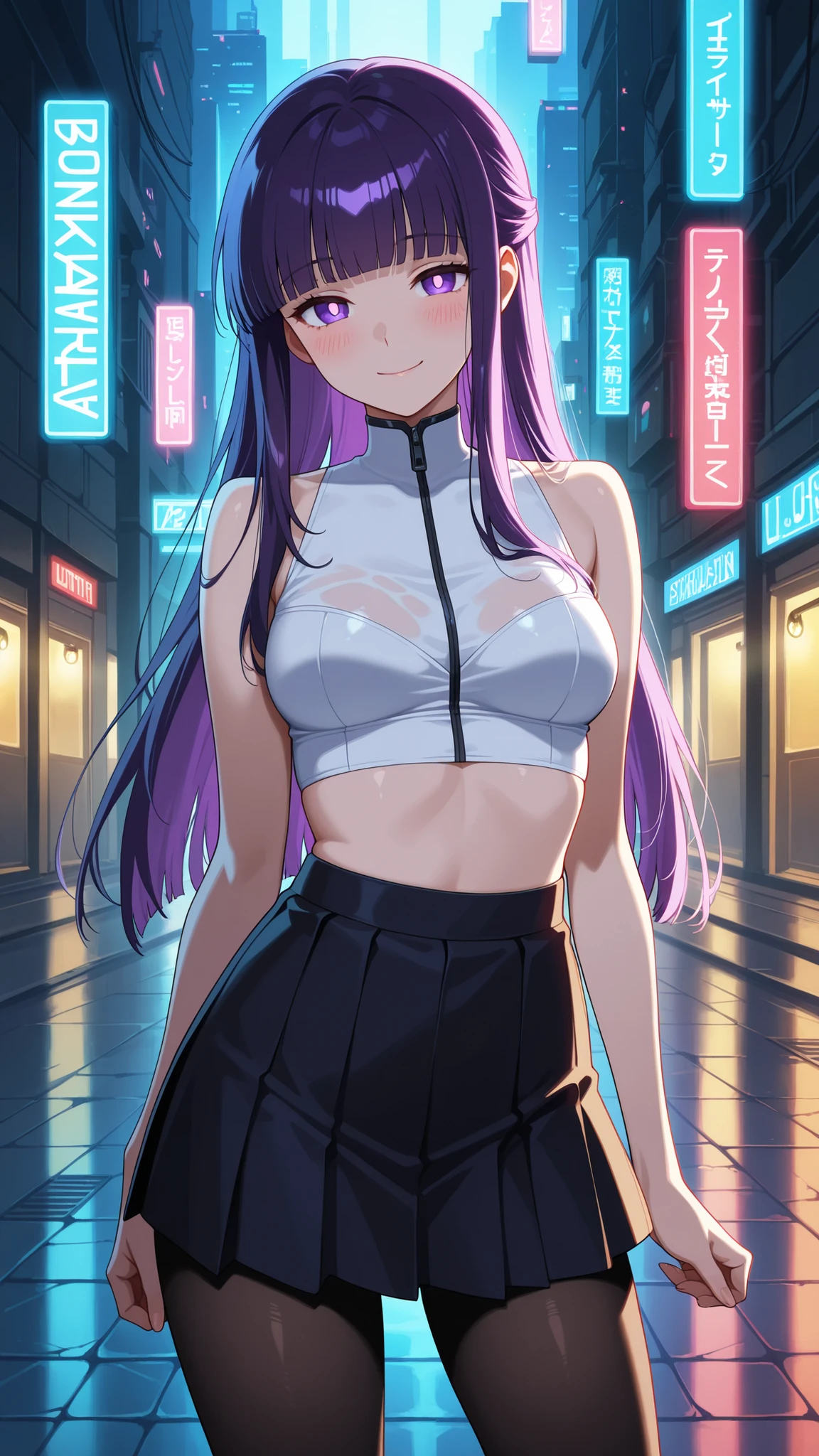 hoshino_ai_\oshinoko\), (topless)), nsfw, masterpiece, busy city, street lamp, road, cyberpunk, city lights, solo, 1 girl, erect nipples, nipples, navel, bare breasts, bare stomach, sweaty, cowboy shot, outdoors, night, smiling, choker. black shorts, fishnet leggings, collarbones, slim waist, purple hair, long hair, detailed eyes, beautiful eyes, holding coffee cup, necklace, purple eyes, star shaped pupil, sunglasses on head