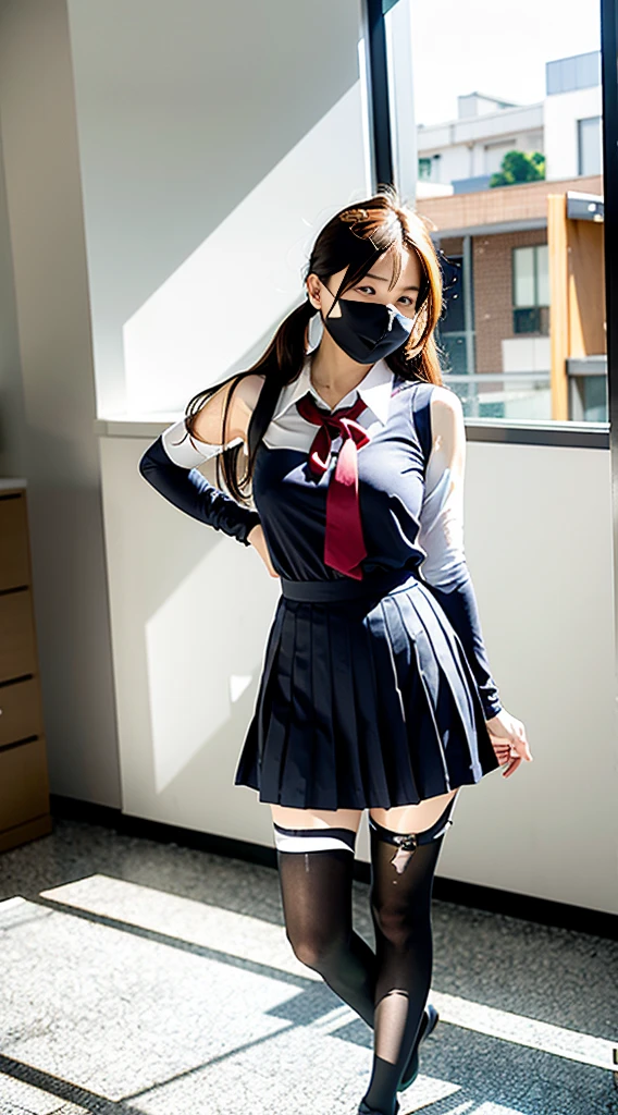masterpiece, high-detail, the most erotic school girl in the world, (UHD, 8K wallpaper, High resolution), Cinematic lighting, physically-based rendering, award-winning, extremely detailed skin, extra detailed face, high detail eyes, black eyeliner under eyes, Carl Zeiss 85 mm F/1.4, by Ellen von Unwerth, asian, covid mask, age 26, (((long dark red hair))), (medium boobs), camel toe, legs open, stockings, covid mask, (pvc covid mask), short pleated skirt, legs open, ( panties slightly visible under pleated skirt ), blouse, pvc neck tie, ( spiked leather collar ), (( Holding cane )), eyeliner, ( black eyeliner under eyes ), legs open, ( abandoned empty classroom ), fishnet stockings, garter, thigh high boots, nsfw, panties visible, ( BDSM ), ( pvc rubber school girl outfit ), ( pvc rubber school girl blazer ), ( ( rubber gas mask ) ), ( ( ( red rubber neck tie ) ) ) ( red rubber neck tie ), biohazard symbol, (( red eye shadow )), ( red eye makeup ), ((( school blouse open ))), (( school shirt open )), (( pvc rubber corset )), ((( twin ponytail hairstyle ))), (( twin pigtails hairstyle ))