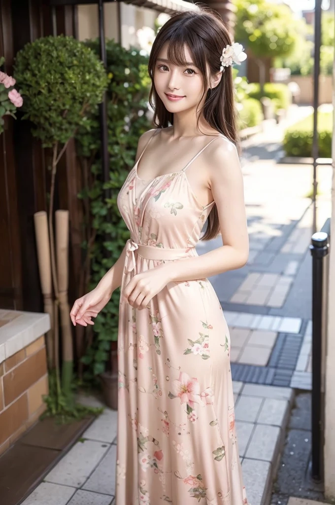 The image shows、A beautiful Japanese girl is shown。she伝統的な雰囲気を持つ建物を背景にして立っています。The building is made of wood、The green vegetation is lush、Red lanterns are hung in a row。The windows and balconies of the building have yellow frames.、The overall color tone is warm and attractive.。Behind her are people who appear to be tourists.々Also seen、You can see that this place is a popular tourist destination.。she、She is wearing a light white dress with blue and pink floral print.。This dress is、Thin straps go over the shoulder、Deep open chest design、It accentuates her beautiful feminine curves.。The floral pattern on the dress、It blends in with the traditional Japanese architecture in the background.、It makes the beautiful girl&#39;s presence stand out even more.。Her face is very pretty、Her big eyes are as lively as those of an anime character.。Her hairstyle is simple and long.、My bangs are hanging over my forehead。She has big earrings on her ears、accessoriesが彼女の顔をさらに引き立てています。The earrings are set with blue stones.、It matches beautifully with the floral pattern of the dress.。Her expression is soft、Gives a calm and friendly impression。It looks like he&#39;s smiling a little、Gives the viewer a relaxing feeling。Her posture is relaxed、I have one hand on the wooden railing。This pose is natural、It blends in with the traditional atmosphere of the background.。The building in the background、It is decorated with colorful lanterns and green plants.、Highlights traditional Japanese beauty。The details of the building、You can see the traditional Japanese architecture.、You can feel the history and culture。Tourists in the background、It seems that they are enjoying the charm of the building.、The lively atmosphere is conveyed。From this whole image、A fusion of traditional Japanese beauty and modern beauty、It&#39;s a very fascinating scene。The beauty of a beautiful girl、The background scenery becomes one、Make a strong impression on the viewer。Her fashion、accessories、And the background is perfectly harmonized.、It&#39;s like a beautiful painting.。