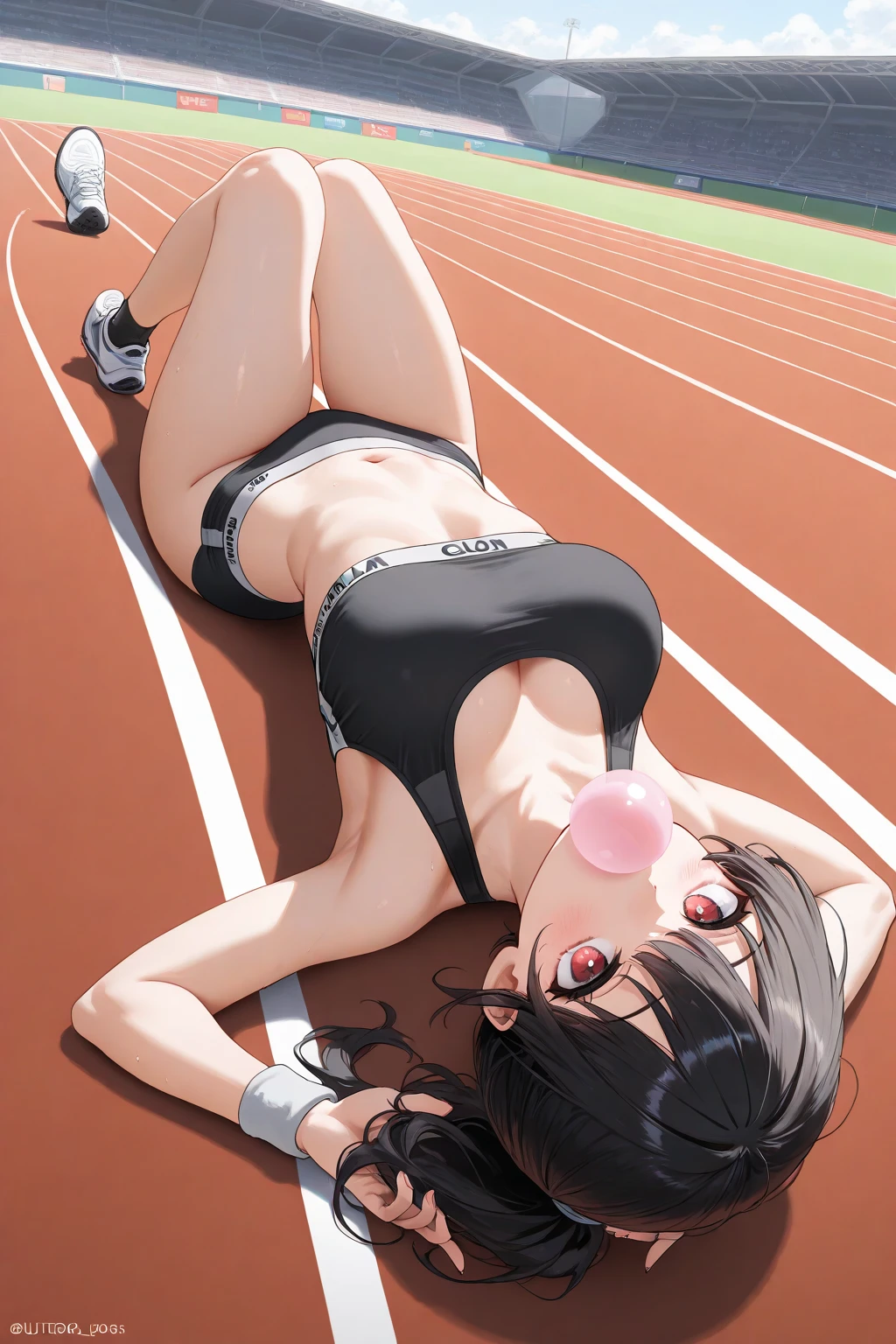 Cute high school girl, lots of scars, bruises, slender body, in the fighting ring, ko losing, down, lying down, eyes closed, crying, very sweaty, out of breath, short black hair, poor body, small breasts, sports bra, high leg shorts, open finger gloves, one towel on her body