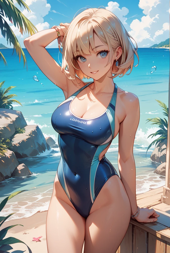 official art、High quality ultra-detailed CG art、a beautiful girl：１.２）、a blonde、lustrous Some hair、slick hair、big blue eyes,midsummer、kawaii、The sky  beautiful、White competitive swimsuit、Smooth clothes、Smile、it has a 、naked、short hair、