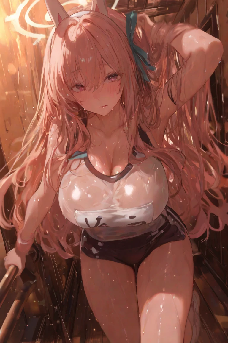 photo of makima \(chainsaw man\) with red hair and yellow eyes and large breasts and a huge ass and wearing gym clothes doing sumo squats with huge weights indoors with soft lighting, (muscular with abs), (light skin), (sweating) ,(beautiful scenery),(perfect face), masterpiece, blush, 1girl, solo, from front, ass pov, expressionless