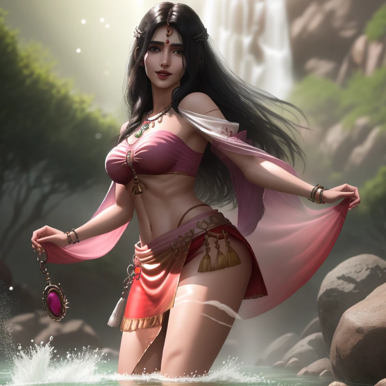 ((( by artist Raja Ravi Varma ))), Nair Lady taking bath in a water falls, see through dress, licking lips, (big boobs:1.2), deep cleavage, wearing thin red lace see-through bikini, red lips, seductive gaze, posing provocatively, innocently, make love with girl real photo volumetric lighting, photo-realistic, ultra detailed, best quality, Realistic, 8K, ultra-detailed, Unreal Engine, midjourney art style