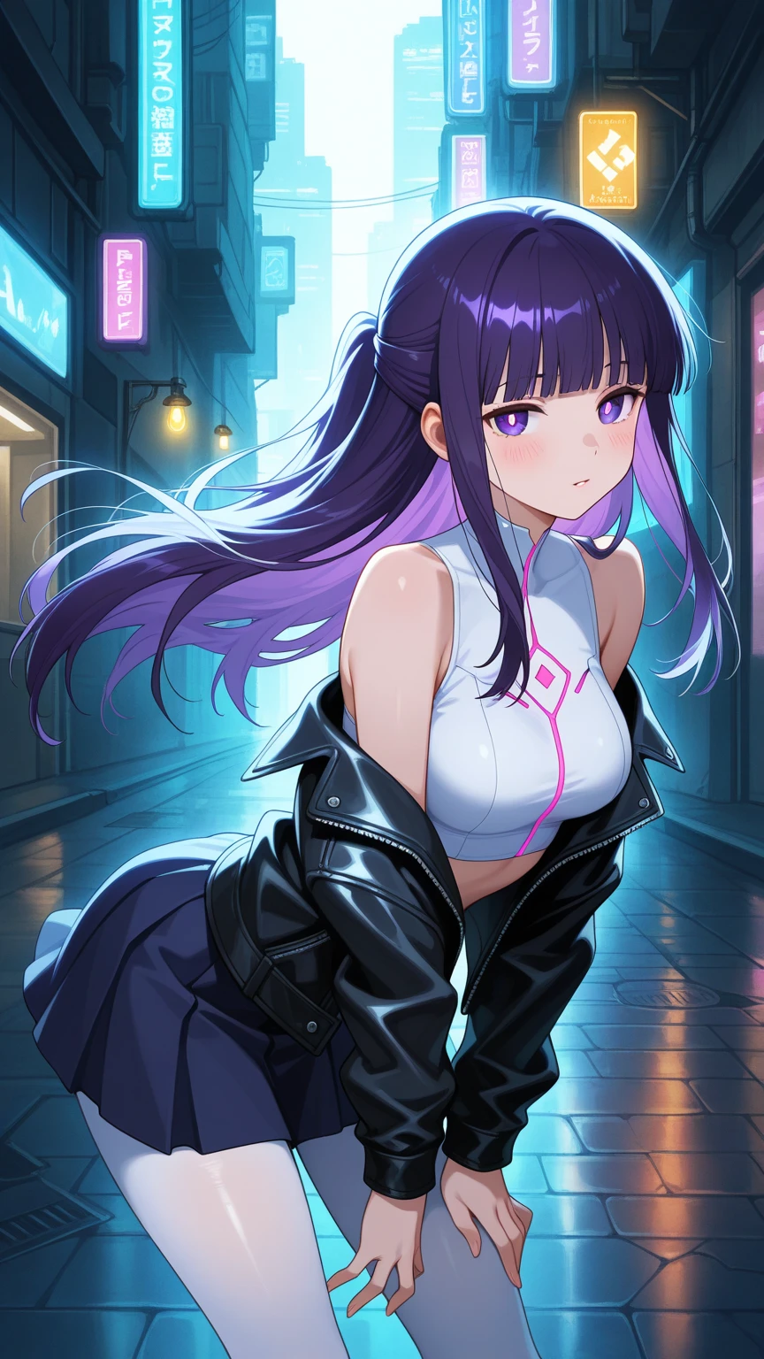Has cat ears，violet colors，Double ponytail girl，Black eyes，Super superb composition，，Sit on a bench in front of the store，wearing a hanfu，clever，the night，Lights of all homes，Lively street market，Clothing that exposes，huge tit，Young，Chinese style background，Small stature，perfect body figure，gigantic cleavage breasts