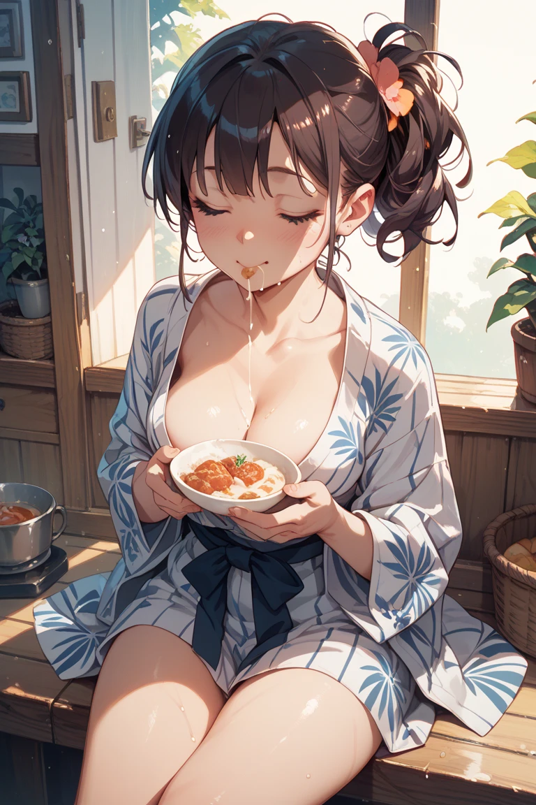 nakedエプロン、Put rice in front of you、One girl、18-year-old、Large Breasts、very cute、Light Hair Color、Shy expression、naked、Wearing an apron、nakedにエプロンを着けている、Japanese food is on the table、Her Room、living