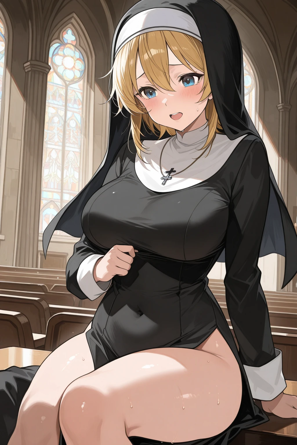 1girl, blond hair, seductive smile, Catholic nun, smile, ((large breasts)), white background, ((sweat)), full body shot, church, glasses, bottomless, bangs, lying,  uncensored, pussy, spread legs, ((pubic hair)), nsfw, pov, blush