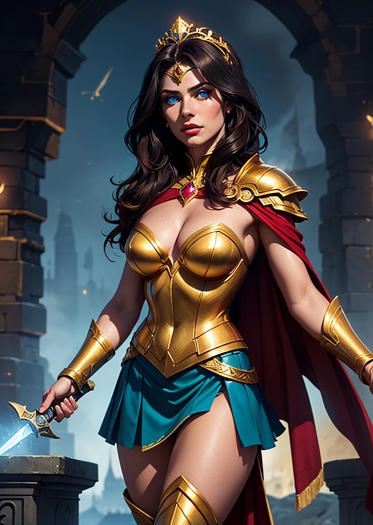 (masterpiece, top quality, best quality, official art, beautiful and aesthetic:1.2), (1girl:1.3), long and curly dark brown hair, extremely detailed, portrait, looking at viewer, solo, (full body:0.6), detailed background, close up, mischievous eyes, (warm summer castle theme:1.1), sorceress, charlatan, smirk, mysterious, walking in courtyard, revealing ((dark red)) sorcerer attire, red knee-length red skirt, off shoulder, straps, long sleeves, loose sleeves, cloak, corset, black leggings, black trousers, black pants, long brown boots, buckles, straps, pouches, magic energy, red fabric, white trim, ((((gigantic breasts, cleavage, skindentation)))), slim waist, slim hips, long legs, medieval (castle exterior:1.1) background, dark mysterious lighting, shadows, magical atmosphere, dutch angle