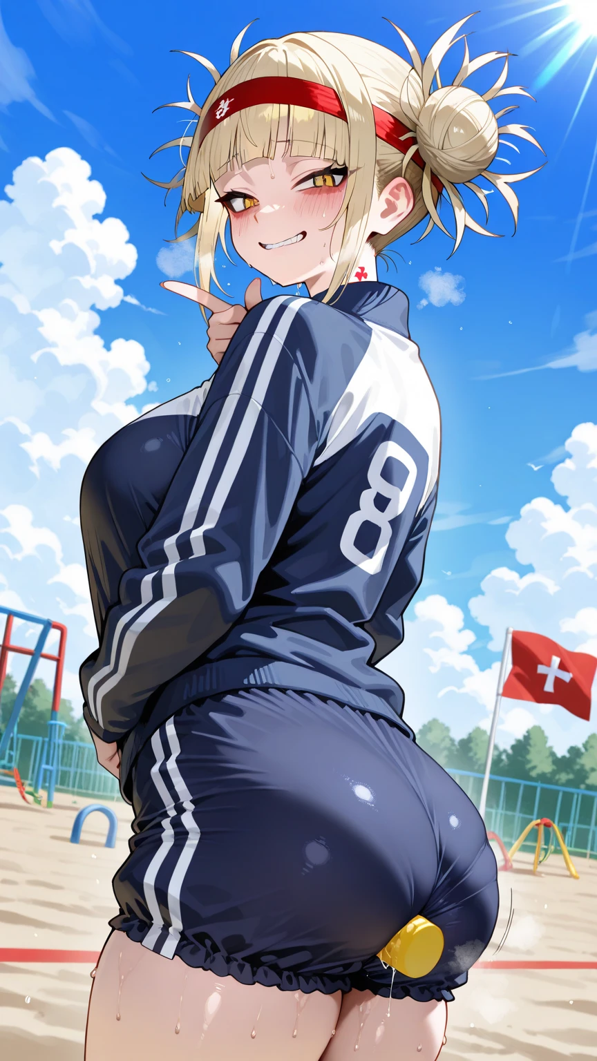 , view from behind,girl wearing tracksuit and legging,girl wearing hijab,girl smiling shyly, blushing,school sports field,(masterpiece:1.2、top-quality)、(the Extremely Detailed CG Unity 8K Wallpapers、ultra-detailliert、Best Shadows)、(细致背景)、(The best lighting、extremely delicate and beautiful)、depth of fields、1girl in、独奏 ,Women,((((Girl is embarassed when she farting)))),(profile facing diagonally))))),(()),((embarassing look)),((massive fart))
