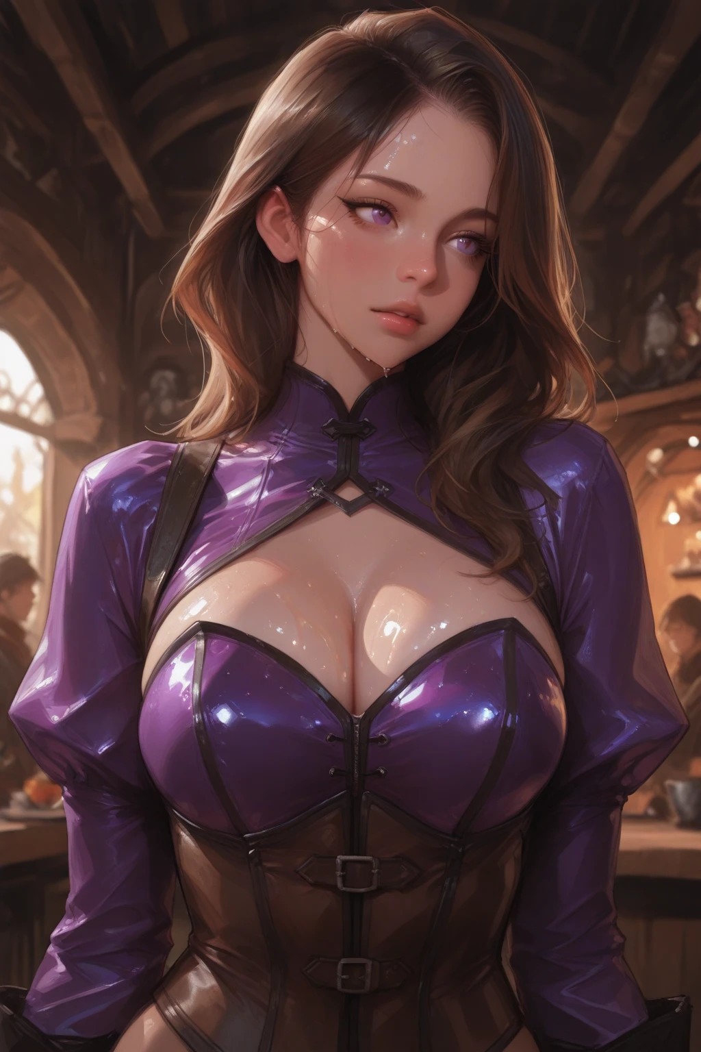 {{{highest quality}}}, {{Very detailed}}, {{Very delicate and beautiful}}, (highest quality, In 8K, 32k, )、oil 、(Very flat chest)、(White costume)、Red hair、purple、green