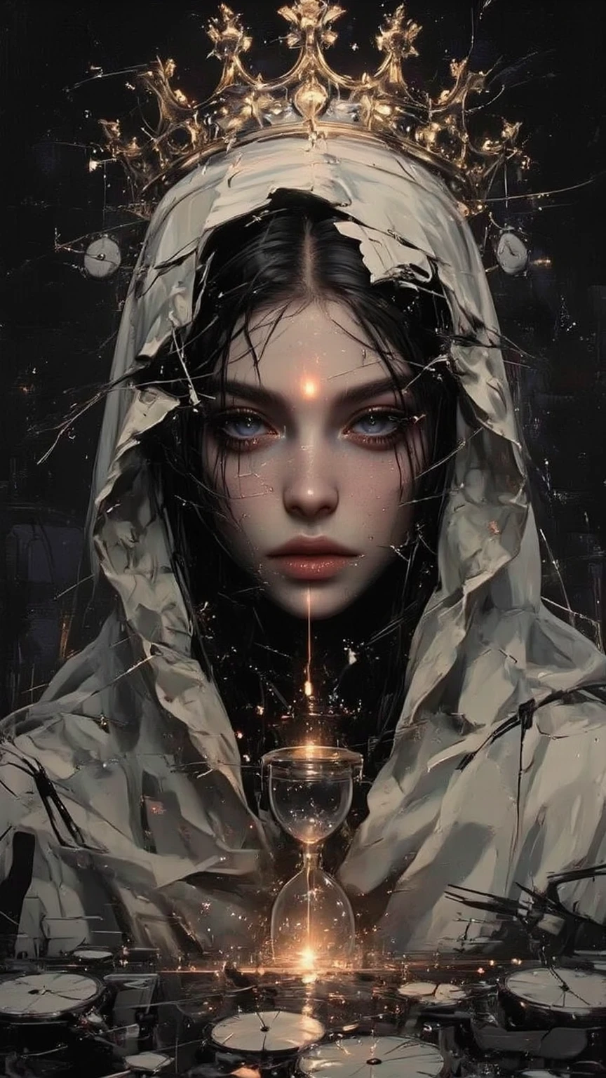 a photo of the statue of the personification of grief covered with candles and hot wax, covering the face with its hands, black tears dripping from the cheeks, the whole statue is covered in dense cobwebs and grease, higly detailed, black isolatet cave, tarnished, grunge, glowing cracks