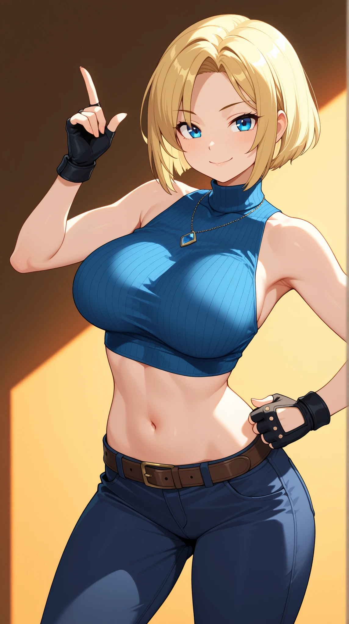 Panel work of art, blue colored eyes, short blonde hair, wearing a tight blue tank top with a low neckline, wearing short, tight denim shorts with the buttons open, defined body, 4K HD image