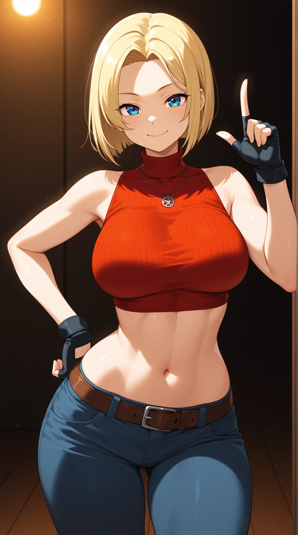 masterpiece, best quality, very aesthetic, absurdres, 1girl, mature_lady, hold a doll, 1girl holding a doll like herself,,blue_mary(fatal_fury), snk, the_king_of_fighters, 1girl, bare_shoulders, blonde_hair, blue_eyes,  short_hair, bob_cut, sweat,crop_top, fingerless_gloves, large_breasts, midriff, navel, red sleeveless_turtleneck, blue denim pants, belt,in a cafe,floating_hair