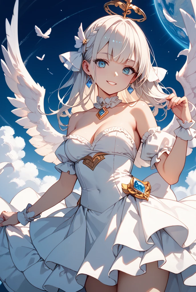 ((Masterpiece))，(Best Quality)，(Highest resolution)，(8K)，(Clean lines)，(Perfect Face，Perfect meat)，(Official Art)，（Magical girl）,, 8-year-old, Cute white outfit, Short Hair, ribbon, huge breasts, Big angel wings, magic circle, Night Sky, smile