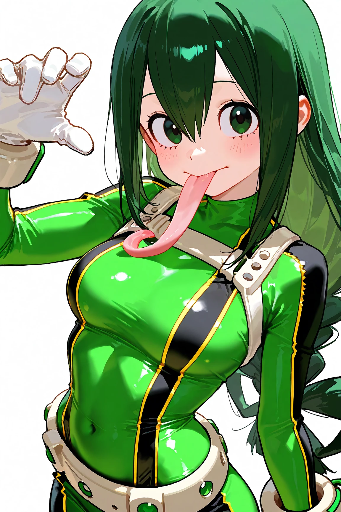 My hero Academia style, Tsuyu Asui from My Hero Academia, smile, blushing, large waist, large breasts, long tongue, sweaty, open mouth