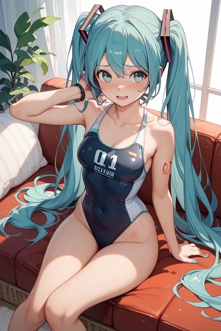 (masterpiece, best quality, 8k wallpaper:1.2 ), ultra detailed, absurdres, highres, long blue-green twintail hair, (hatsune miku:1.3), ((33 yo, mature woman)), full body, ((1girl)), (large breasts), (((glossy slippy smooth texture {blue|black} one-piece japanese school swimsuit:1.3))), ((motherhood kind smile, head tilt:1.2, squinting eyes, wince, closed mouth)), (masterpiece, best quality, 8k wallpaper:1.2 ), ultra detailed, absurdres, highres, long blue-green twintail hair, (hatsune miku:1.3), 7 yo, Elementary school student, short legs, short arms, petit, being stumpy, full body, ((1girl)), (flat chest), (((glossy slippy smooth texture {blue|black} one-piece japanese school swimsuit:1.3))), ((motherhood kind smile, head tilt:1.2, squinting eyes, wince, closed mouth)), (looking at viewer), too sweaty body, silky skin, beautiful eyes, beautiful smile line, big blue eyes, shiny hair, beautiful detailed eyes, beautiful detailed skin, beautiful detailed clothes), framed double breasts, under bust, too wet skin, too wet clothes, glossy skin, glossy clothes, skindentation, skin tight, thick thighs, on the hospital bed, portrait, cute face, kawaii, (((peeping shot from ceiling, flirting))), peeping dripping, wide open legs, wide spread legs, squatting, get on your knees, realistic, realism, photorealistic, (((waterfall muddy solid milk is dripping from the crotch))), both inner thighs, ((white nurse cap, too wet see-through too thin white over knee socks, white nurse shoes)), 1 panel, solo, lower body focus, ((a lot of muddy solid milk on crotch and thighs)), perfect I sharped cleavage, arms down forwards, upper body backwards, lower body forwards, (An erotic nurse dedicated to squeezing the first)