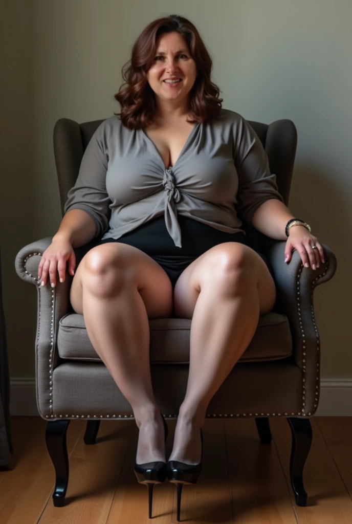 Portrait of a middle-aged Japanese woman, 40 years old, Cute Face, slim, Tortitz, (Large sagging:1.1), Huge nipples, wear (sexy black tops:1.2),  wear(Sexy short skirt 1.2) ，(Leg length 1.1)，Short Hair High Heels，Sit on a chair，Spread your legs，