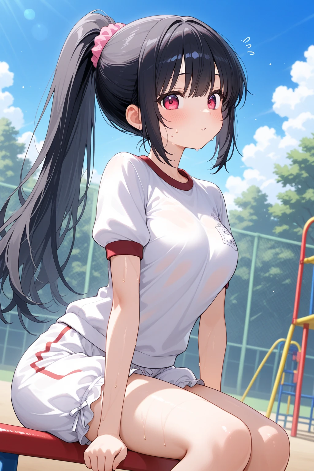 (((masterpiece, highest quality:1.2))),12 year old beautiful girl,solo,black hair,long ponytail hair,black eyes,big eyes,blunt,skinny,small breasts,shiny skin,oily skin,sweat:1.4,Love juice、Wet crotch、blush,Heavy breathing、school gym clothes、White short sleeve T-shirt、Red Ringer Neck, school gym red buruma,Run、Schoolyard、School、Daytime、