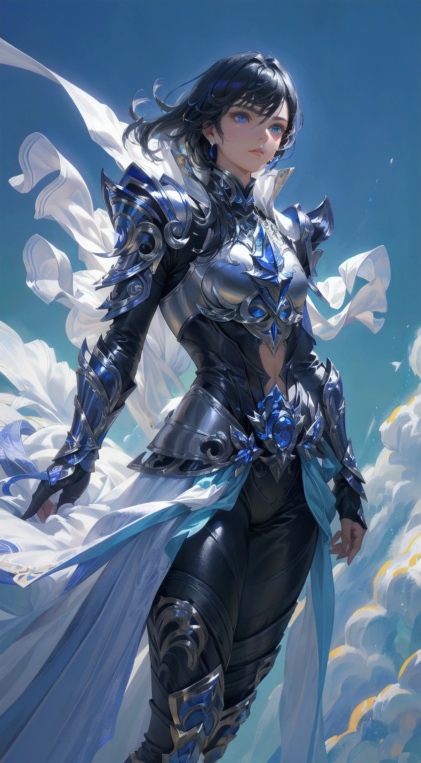 absurdres, highres, ultra detailed, HDR, master piece, best quality, perfect face, Neuvillette, white hair, expressive blue eyes, Genshin Impact, solo, sexy man, handsome, toned chest, sensual, erotic, black clothes, black pants, a winter fantasy world, snowflakes dropping down the sky, everything has turned into ice, a white dragon flying in the distance, exotic colors, magical, powers