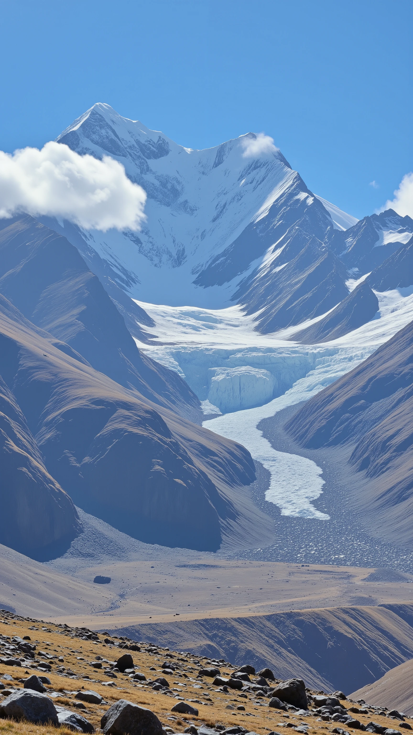 I'm imagining、Mchuchish(Muchu Chhish)and Mount Batula V(Batura V)towering majestically along with glaciers{x}belongs to the Batullah Mustag Mountains in Pakistan's Karakoram Mountains（It rises majestically with an elevation of 7,000 meters）In the mountains of、未登頂In the mountains of、glaciers.。