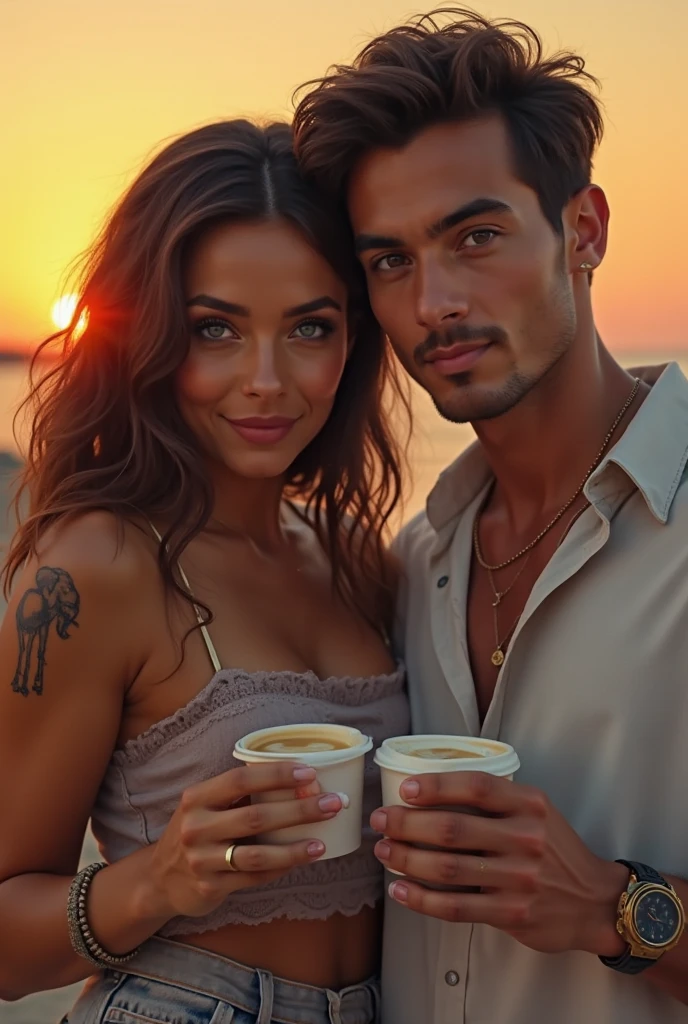 Create a picture of a young couple. 

The man is muscular and has a full beard. He has dark blonde, very short hair. 

The woman has long black hair and wears large designer glasses. She has a sharp nose. 

The couple sits on a roof terrace in Apulia. Both drink coffee from cups. 

A Weimaraner dog lies next to them. 

The image should appear realistic. 