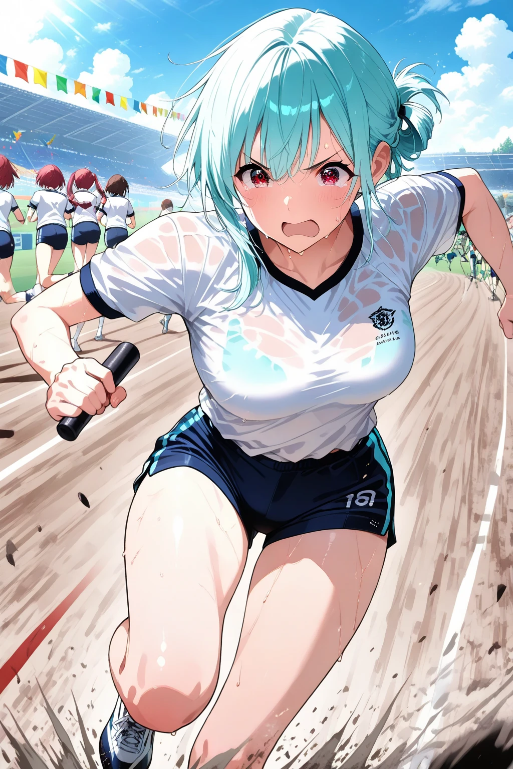 NSFW,masterpiece,Highest quality,High resolution,Super detailed,Star Town Suisei\(Hololive\),Blue Hair,One Side Ponytail,Blue Eyes,Small breasts,Track and field club,Descente Bra Top,Descente One Point Shorts,Streaks,Athletics Stadium,truck,Embarrassed,blush,(In heat),Expecting face