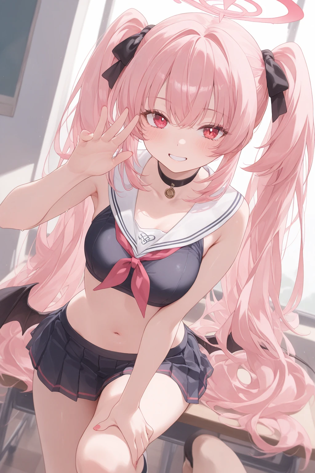 nsfw, 1 girl, long pink hair, white bunny ears, blue eyes, christmas hat, crop top, sleeveless, white shirt, red tie, mini skirt cherry plaid, suspenders, black stockings, pink heels, pink succubus wings, pink succubus tail.
