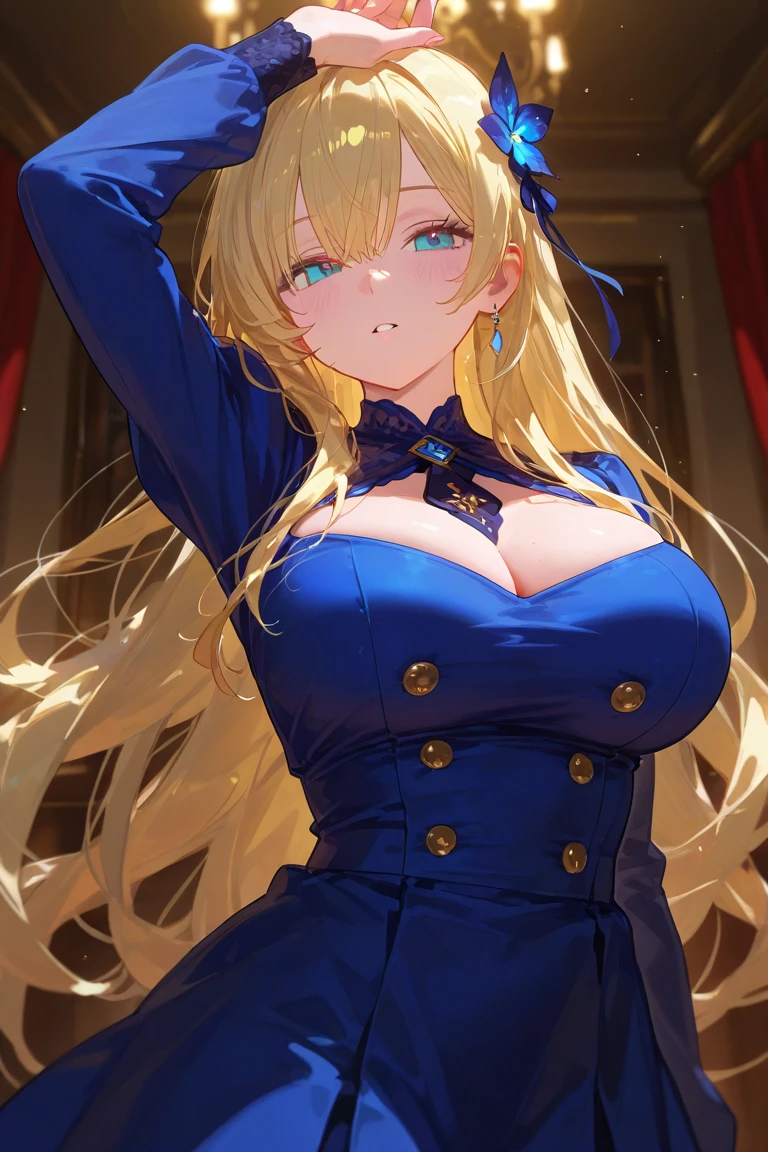 最high quality、best image quality、masterpiece、Curvy but thin body、perfect eyes, perfect face,The exact number of fingers、Exact number of legs、The exact number of armatures((bust 180:1.8)),beautiful blue eyes、1 girl:4.0、milking(Own),expose one's chest,beautiful nipples、beautiful big breasts(erect nipples:1)、sexy look、big breasts, 、black stockings、light blue short hair(inwardly curled hair)、thin、((Sexy navy elegant outfit 1.8,golden decoration:1.5)),from head to calf、black wristband on wrist、Golden star-shaped hair ornament、Golden Necklace、red face、Slippery texture))high quality、beautiful art、With background((bed)))、visual art、written boundary depth、One earring in each ear、mole under eye、beautiful thighs