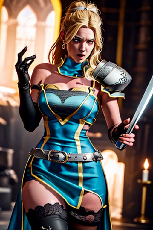 solo, older female, amazoness, female barbarian, warrior queen, kunoichi, female ninja, femme fatale spy. narrow waist, hyper thighs, slim, skinny, (translucent bodysuit sheer bodystocking) under (fashion fancy short dress), thigh-high boots, silk elbow gloves 