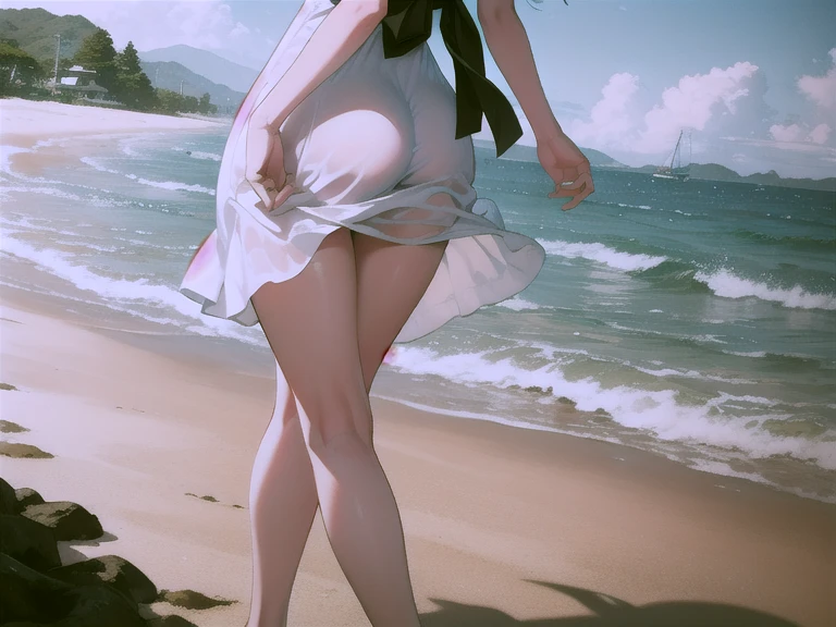 Back view、turn around、Ass、tideland、Covered in mud、White Bikini Swimsuit、、Big Breasts、Dynamic Angle、Seaside、Sandy Beach、Baby Face、smile、sunlight、Both eyes open、Sun hat、Glaring