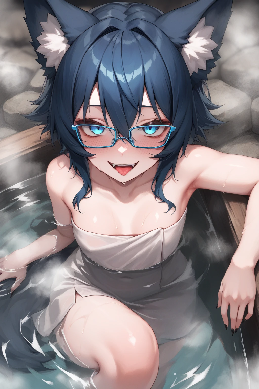 Light blue color hair, long hair, yellow eyes, glasses, red collar, drawing of the face, flat torso, naked, 8k quality, beautiful face, head, shy, open mouth with tongue, happy smiling, cum on tongue, cum on hair, cum on cheeks, bathroom, in bath with cum, wet, wet hair