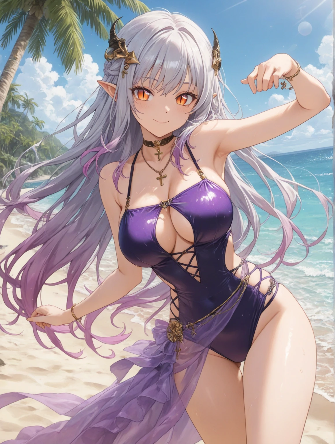 masterpiece, best quality, 1 solo girl, light purple hair, light purple eyes, long hair, medium breasts, sexy body and face, wavy hair, smile, parted lips, bikini, red bikini skirt, navel, sandals, cleavage, collarbone, bare shoulders, jewelry, bracelet, blue scarf, ribbon, hibiscus, frills, sleeveless, hair flower, toeless footwear, outdoors, summer, sexy pose, cowboy shots, detailed body, face, and eyes, sharp focus, vibrant, creative, dynamic, high definition, high resolution, 8k, (Upscale: R-ESRGAN 4x+ Anime6mage enchance:4x), voluptuous body, cinema lightning, dakimakura style, looking at the viewer,