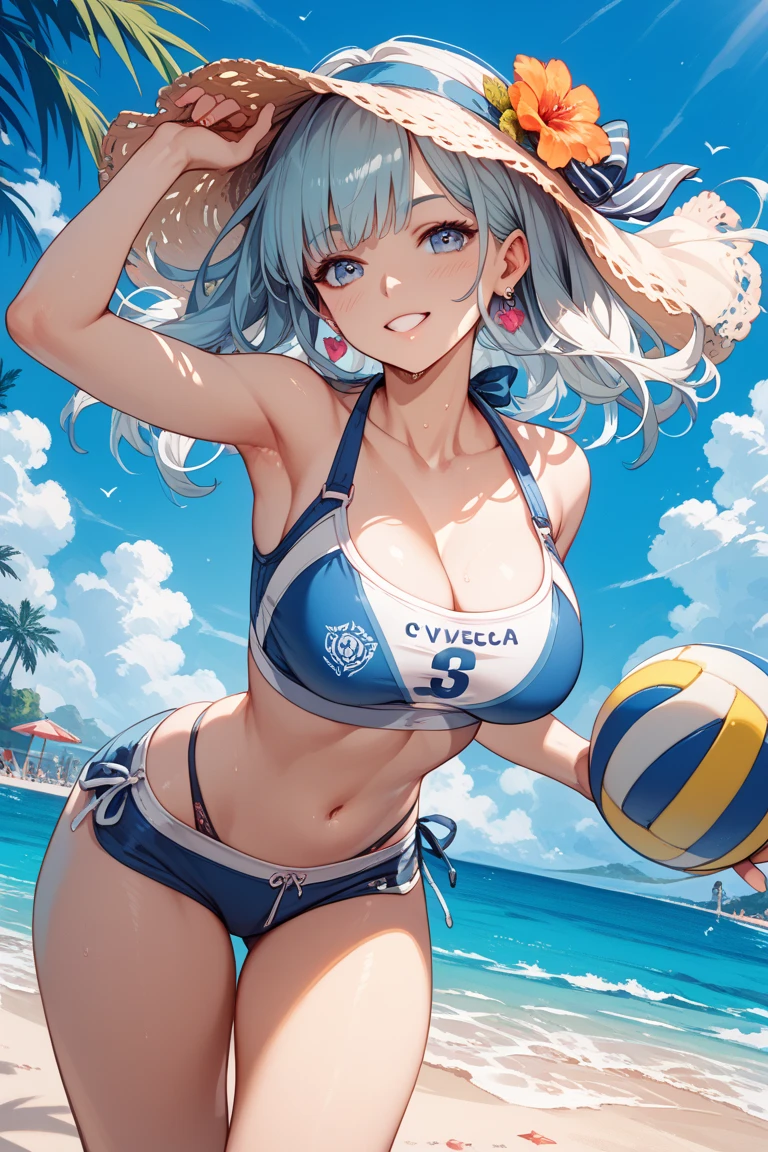 highest quality、Realistic、girl、zoom、Turquoise eyes、short hair、Silver Hair、Swimwear、Tanned black body、A well-trained body、muscle、Abdominal muscles、athlete、Brown black skin、slender、Dark Skin。Large Breasts、smile、Summer Sea、Bust Shot、