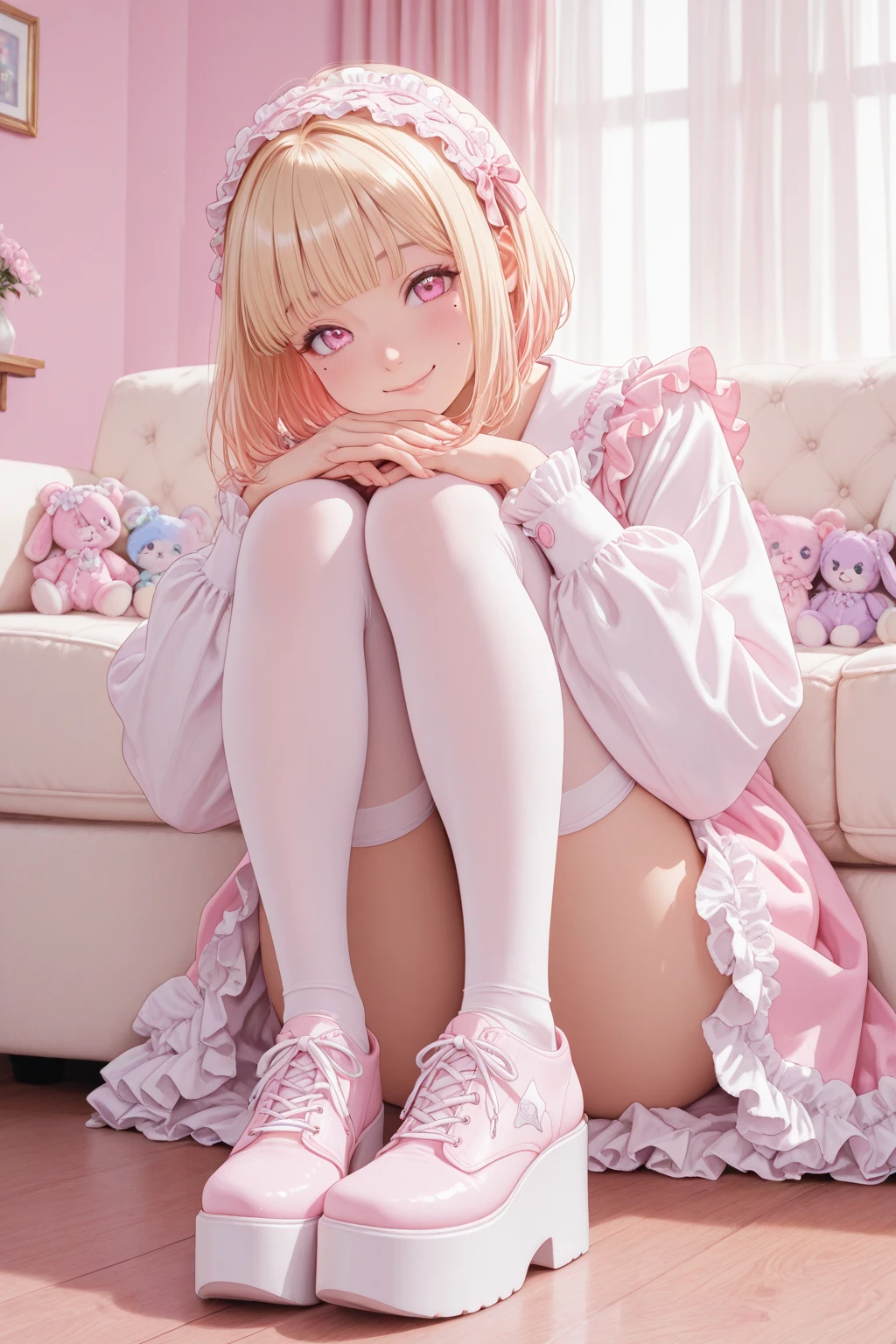 Highest quality、masterpiece、High sensitivity、High resolution、Detailed Description、Slender girl、Kogal、Pink Hair、Long fake nails、Color Contact Lenses、Smile and wink、Platform boots、