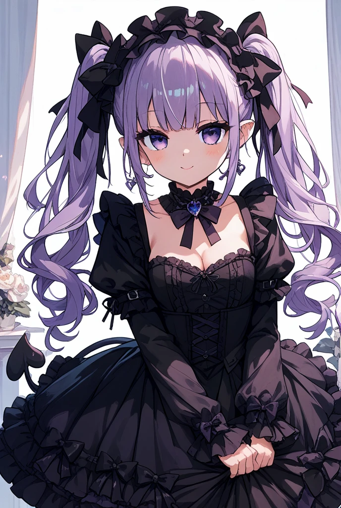 A long greyish purple hair mixed with greyish  om the lowered tips of her hair two long pigtails lowered down with 4 strands of hair on her face with pink small, gentle, pretty eyes, Purple corset with a black collar and black necklace connected to each other, Black skirt with black unconnected sleeves, black eye patch, two black ribbons on each braided rear hair girl anime girl
