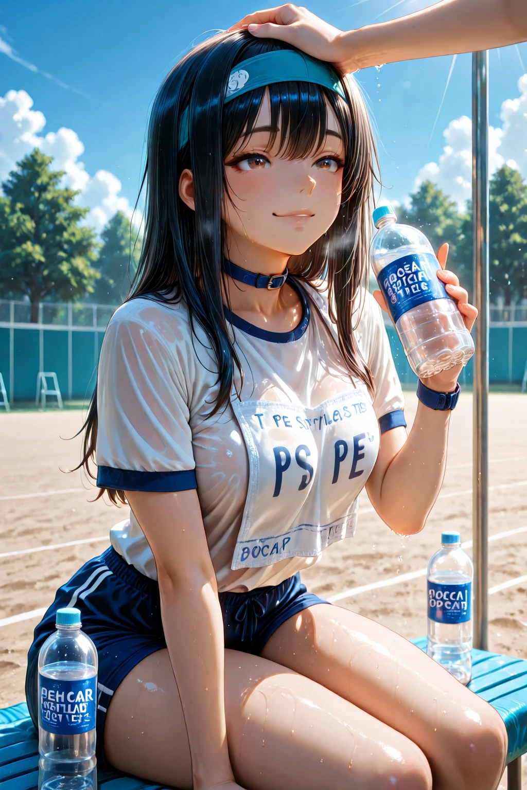 A female track and field athlete, 18 years old, drinking water from a water bottle, wearing a sports uniform, with black hair in a ponytail, red eyes, sweating, on a school sports field, bright sunlight, clear blue sky, summer, (best quality,4k,8k,highres,masterpiece:1.2),ultra-detailed,(realistic,photorealistic,photo-realistic:1.37),extremely detailed eyes and face,beautiful detailed eyes,beautiful detailed lips,longeyelashes,highly detailed athletic uniform,sweat glistening on skin,dynamic pose,sun flare,vibrant colors,cinematic lighting