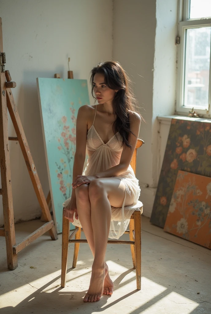 A very pretty girl, 30 years old, loose and frayed hair, hair twisted into a ponytail, brunette, an artist, sitting on the floor in the room, very frank pose, legs spread, white translucent blouse, the light yellow underpants are clearly visible, thoughtful face, dreamy, sad, easels with paintings in the background, soft light from the window illuminates the floor and the girl, young juicy body with sexy curves at the waist, traces of paint on the body and face, the girl looks into the void, the blouse falls from one shoulder revealing the chest, natural breasts, Third breast size, expressive green eyes, big fragile lips, small nose, high quality, Realism, masterpiece, photo at the front, You can see the groin, focus on panties