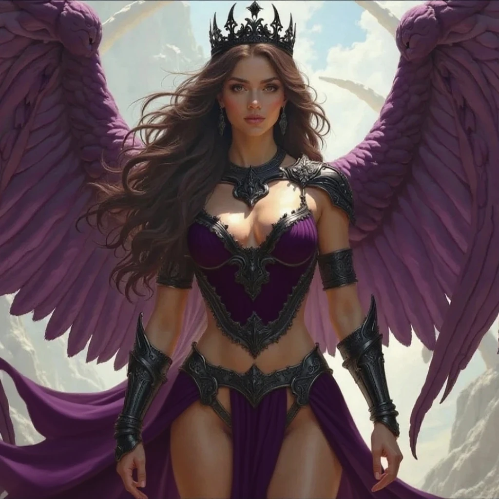 (masterpiece, best quality, hires, high resolution:1.2), (extremely detailed, intricate details, highres),standing, edgWalkure, long hair, dress, wings, armor, (cleavage), bare shoulders, feathered wings, pauldrons, (black wings, purple wings:1.4), angel wings, armored dress, (dark armor,black armor), valkyrie,boots <lora:edgWalkureRedTeam:0.75>, tempting look, forest background, (gigantic breasts, narrow waist, wide hips, thick thighs), beautiful face, feminine face, (black hair, purple IncursioDipDyedHair), Short Wavy Bob, hair over one eye, cute,<lora:DipDyedHair lycoris:0.8>