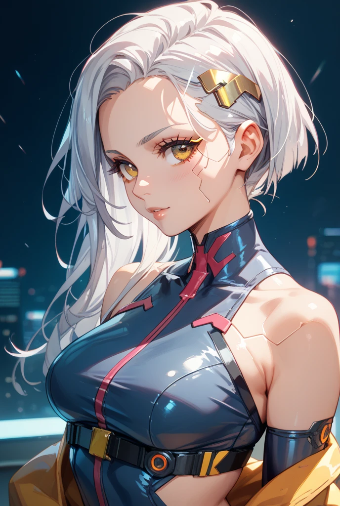 (((masterpiece, best quality, high resolution)))), Extremely detailed 8K, (Ultra HD, Ultra-detailed, Highly detailed, Highly realistic, Ultra-realistic, photograph realistic), (1girl:1.5), (solo:1.5) cute, (white hair:1.5), (pale skin:1.5) long wavy hair, blue eyes, smile, parted lips, (blush:1.3), laughs, open mouth, (medium breasts:1.2), see-though, mature woman, plump, dynamic pose, cute face, white bodysuit, cute face, zelda, sksw, (Cyberpunk city street background), open jacket, Cat ear headphones, multicolor LED lights, Harajuku-inspired pop outfit, abs, latex,