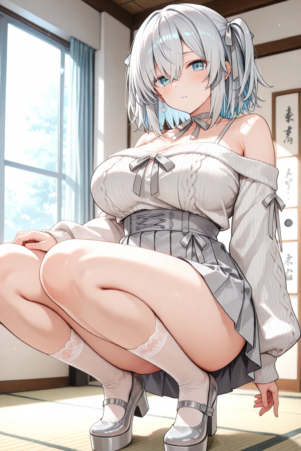 one person、low length、Young Girl、Bangs、Short Bob Hair、Headband、ribbon、Gray Hair、Blue goth 、Sit with your legs apart、Pussy、Dripping a lot of thick white love juice、blush、Embarrassed expression、Sweat、See-through clothing、Big Breastasturbation、masturbation behavior、Striped underwear、clitoris、Transparent nipples
