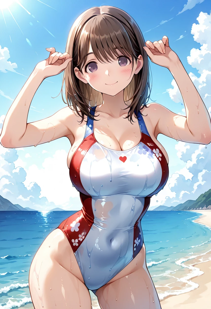 (Sports magazine cover photo), Highest quality, Great quality, 16K, Unbelievably absurd, Very detailed, delicate and dynamic, Natural light, Particles reflect light, Diffuse reflection of light, Many rainbow-colored petals fall, Beautiful sandy beach, Shining Sun, Diffuse reflection of light, Create amazing image effects, , Wet, sweating, receive, close(Cute sexy girl, A large, swaying bust, Sensual expression, Cool girl, Severe, passion, dynamic, Flashy swimsuit, ,audience , much-air-laden cheer)Red hair、White swimsuit
